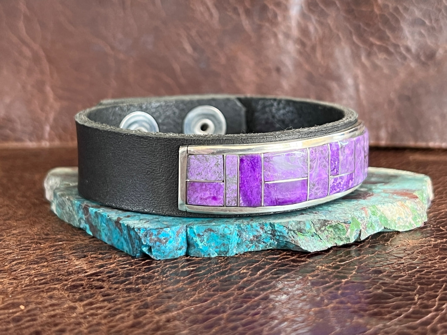 Sugilite Inlay Sterling & Leather Cuff Bracelet by Edison Yazzie